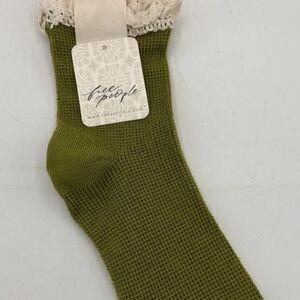 Free People Olive Knit Waffle Crew Socks with Lace Trim